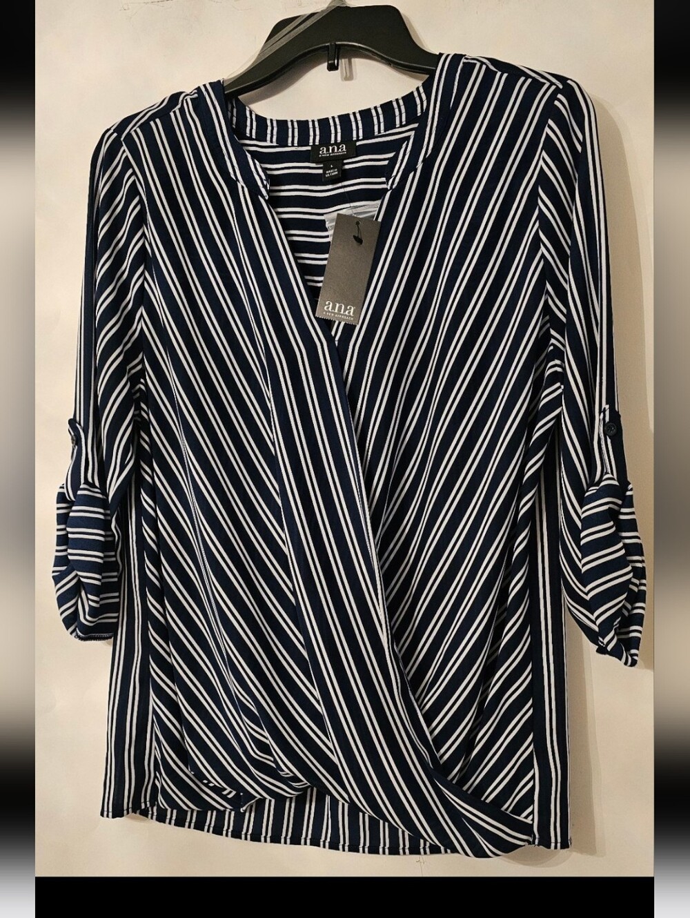 a.n.a. A New Approach Blue White Striped Faux-Wrap 3/4 Sleeve